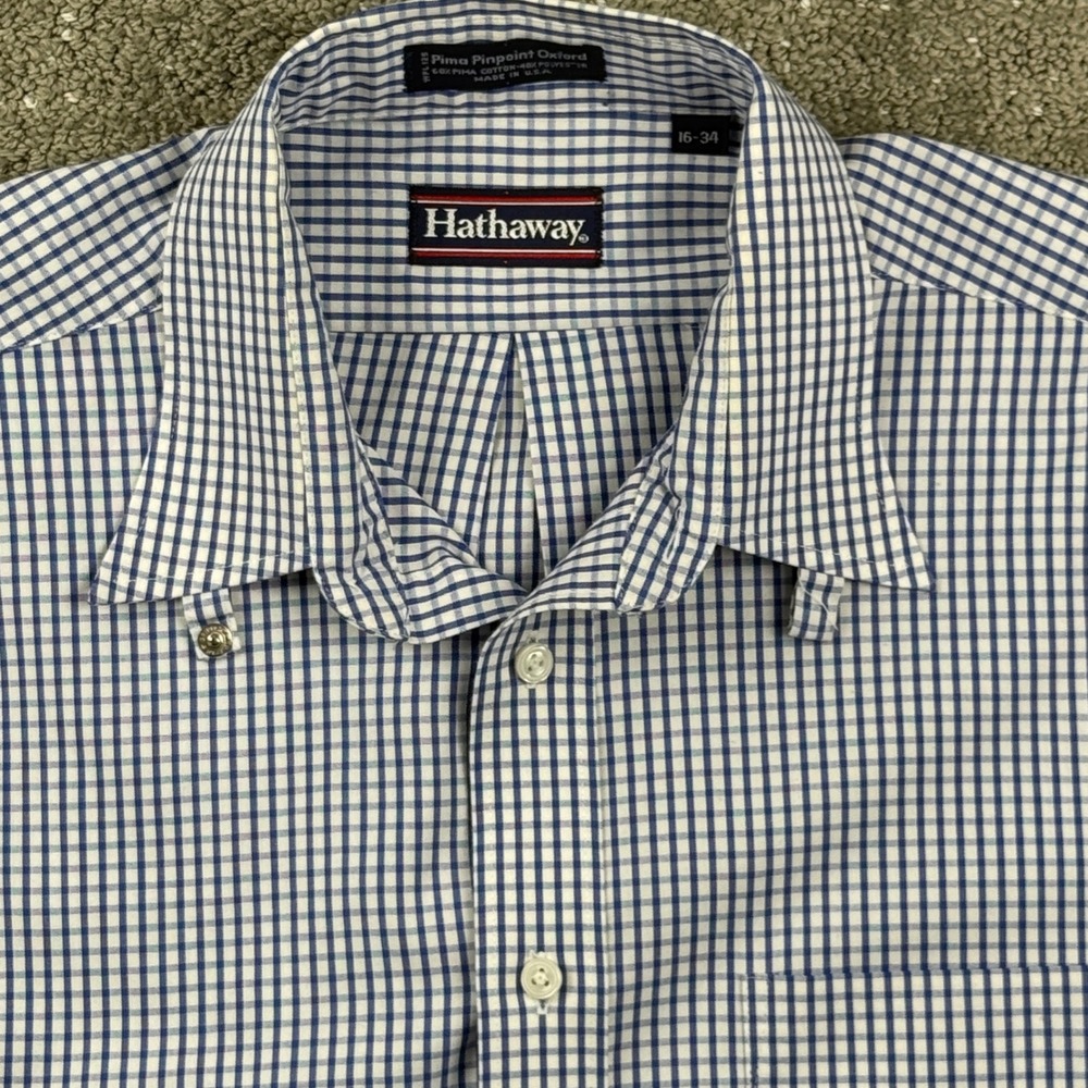 Hathaway Shirt Mens 16-34 Blue Gingham Pima Pinpoint Oxford Made in USA Classic